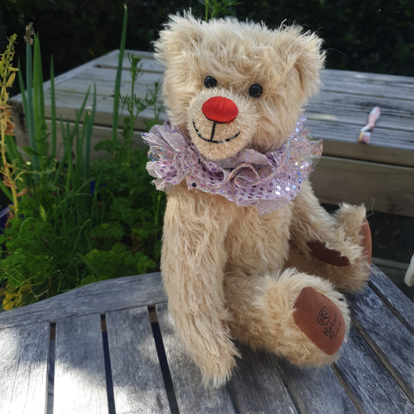 Ziggi: 36cm pale distressed mohair clown bear, red nose