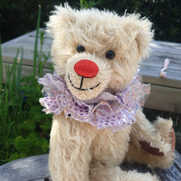 Ziggi: 36cm pale distressed mohair clown bear, red nose