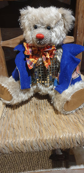 Juju: 36cm ooak grey mohair bear, clown outfit