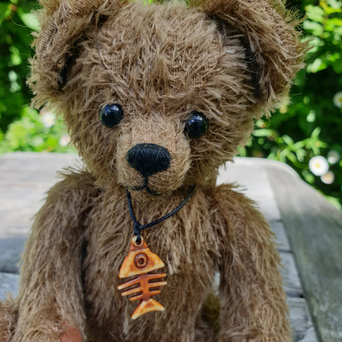 Freddy Fisher, 18cm small OOAK Robin Rive kakhi bear, fish pendant