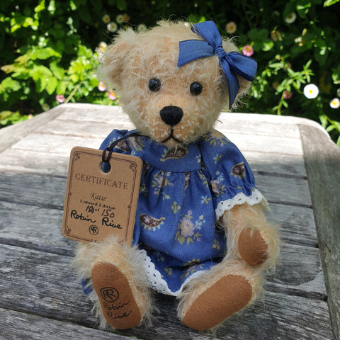 Katie, 18cm, sparse cram mohair teddy bear, blue floral dress. Last of edition