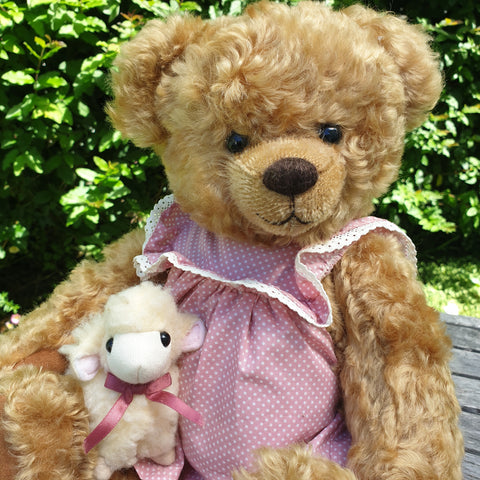 Berry and Baba, 36cm soft, curly mohair teddy bear with lamb