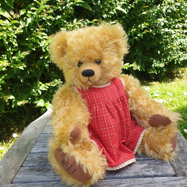 Betty, Robin Rive bear, 36cm  long curly golden mohair collectible teddy, red pinafore dress