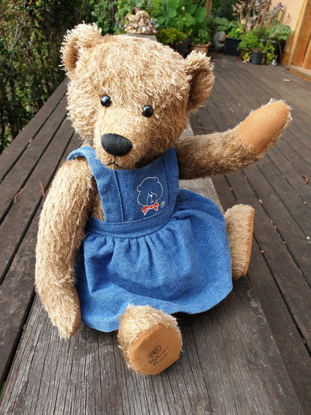 Marcie, Robin Rive teddy bear, 36cm, khaki mohair, cute denim pinafore dress