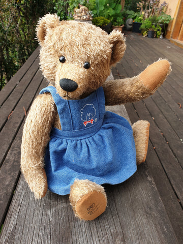 Marcie, Robin Rive teddy bear, 36cm, khaki mohair, cute denim pinafore dress