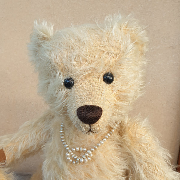 Tanya,OOAK, 36cm, Robin Rive collectible mohair bear with 'antique pearl necklace