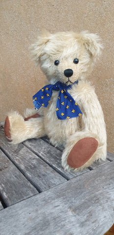 Rocky,  Robin Rive bear, 30cm OOAK collectible, blue cotton scarf/bow