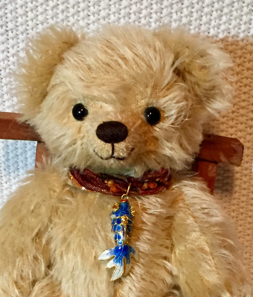Jimmy, 30cmOOAK Robin Rive Bear, wearing a sweet enamel fish pendant