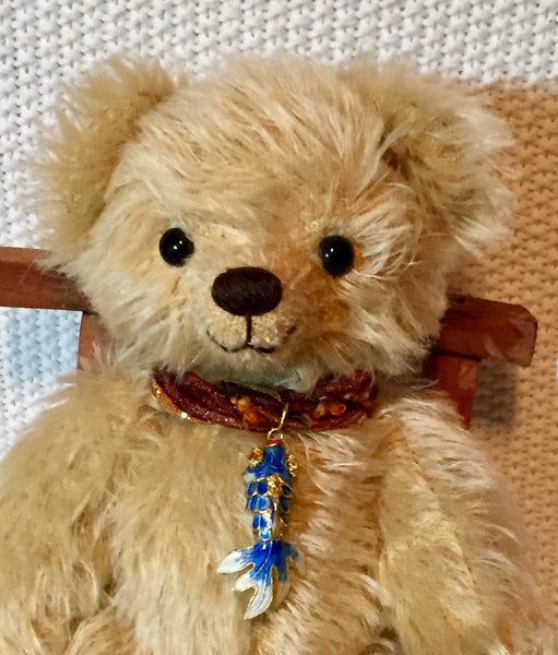 Jimmy, 30cmOOAK Robin Rive Bear, wearing a sweet enamel fish pendant