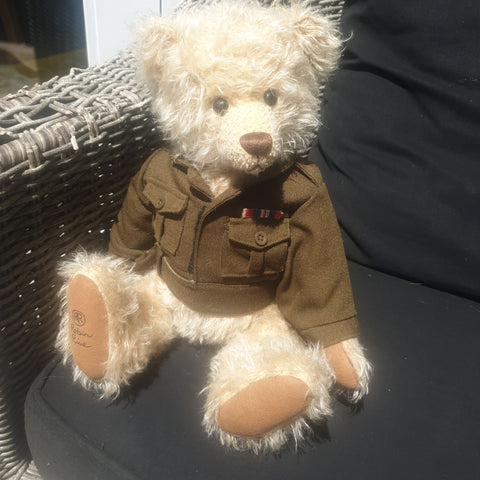 Soldier Boy , 36cm, our special Robin Rive collectible mohair bear, khaki jacket, Number 1.