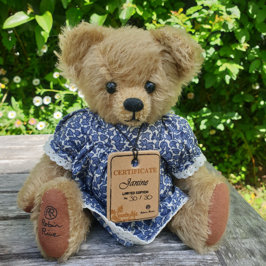 Janine, Robin Rive bear, 25cm OOAK short beige mohair collectible teddy, blue floral dress