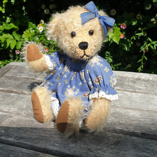 Katie, 18cm, sparse cram mohair teddy bear, blue floral dress. Last of edition