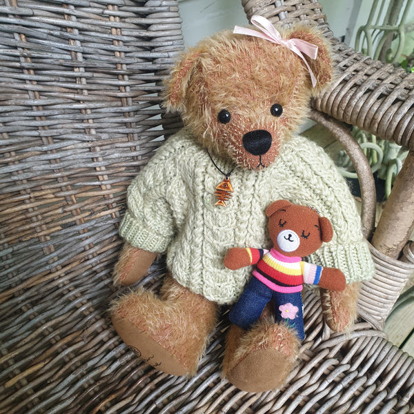 Ali, 36cm taupe robin rive bear,pea green jumper,buddy