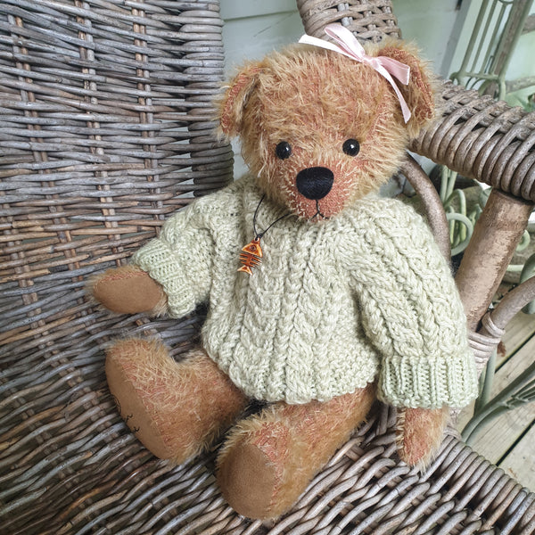 Ali, 36cm taupe robin rive bear,pea green jumper,buddy