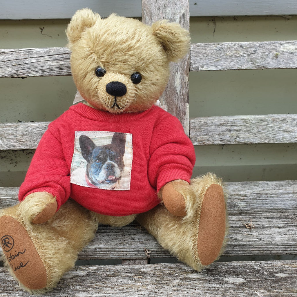 Ralph, 28cm Robin Rive Bear, OOAK collectible pale short mohair teddy, french bulldog printed sweatshirt