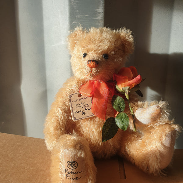Julia Rose, 32cm warm cream distressed mohair bear, orange silk nose/paw pads and rose LE 1 of 100