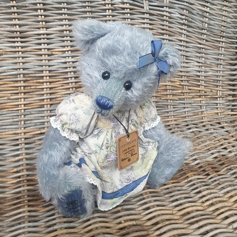 Little Rosemary, 32cm sky blue distressed mohair bear, old fashioned pinafore LE 1 of 200