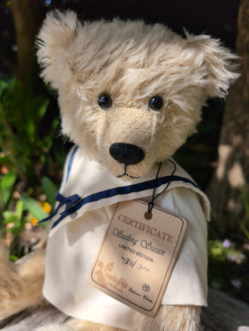 Sailing Susan, 36cm pale straw mohair, calico sailor dress. Limited 300