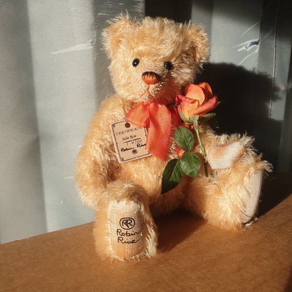 Julia Rose, 32cm warm cream distressed mohair bear, orange silk nose/paw pads and rose LE 1 of 100