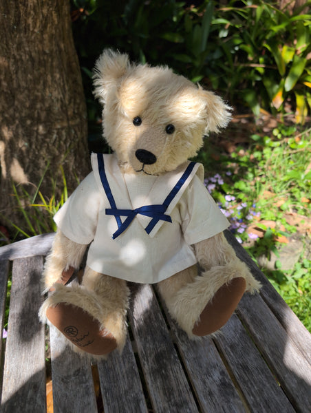 Sailing Susan, 36cm pale straw mohair, calico sailor dress. Limited 300