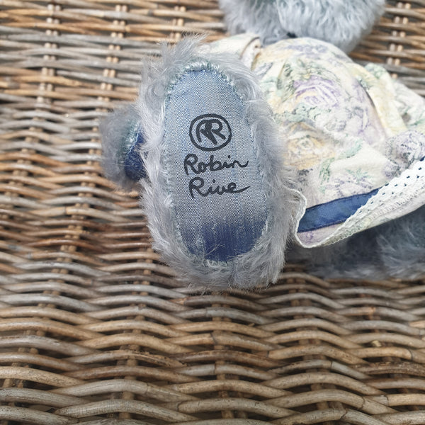 Little Rosemary, 32cm sky blue distressed mohair bear, old fashioned pinafore LE 1 of 200