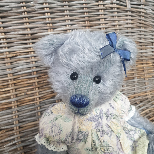 Little Rosemary, 32cm sky blue distressed mohair bear, old fashioned pinafore LE 1 of 200
