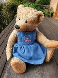 Marcie, Robin Rive teddy bear, 36cm, khaki mohair, cute denim pinafore dress