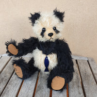 Panda: Robin Rive panda, 26cm, black &white long mohair, fish pendant