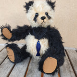 Panda: Robin Rive panda, 26cm, black &white long mohair, fish pendant