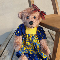 Francine, 18cm OOAK, dusky pink mohair bear, blue and yellow print dress