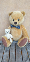 Simon, 38cm Robin Rive bear, short golden mohair, blue bow, knitted bear buddy
