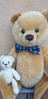 Simon, 38cm Robin Rive bear, short golden mohair, blue bow, knitted bear buddy