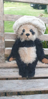 Pandy: Robin Rive panda, 26cm, black &white long mohair, fish pendant