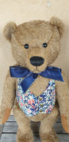 David, Robin Rive bear, 38cm OOAK taupe mohair collectible teddy, floral waistcoat
