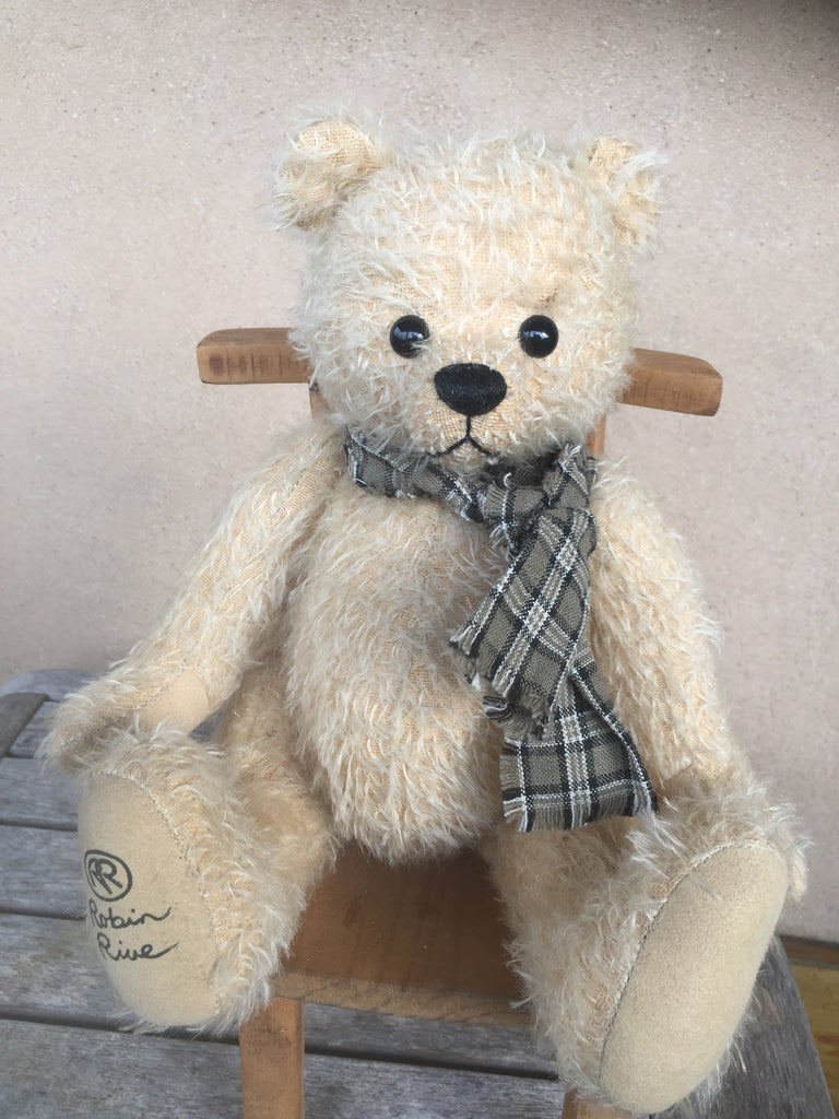 Benji, Robin Rive bear,30cm OOAK collectible wearing checked scarf