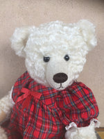 Snowberry, white soft curly Robin Rive bear  tartan dress