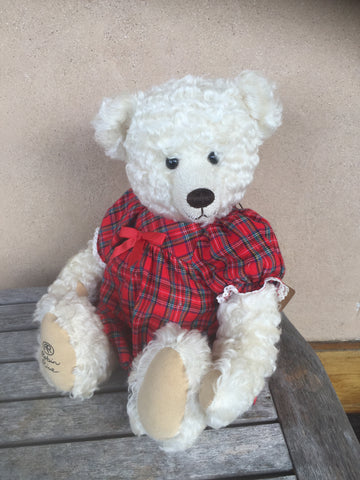 Snowberry, white soft curly Robin Rive bear  tartan dress