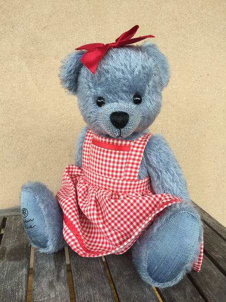 Blue gal, Robin Rive Bear, 38cm OOAK collectible pretty blue mohair teddy, red gingham dress